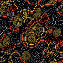 Abstract wavy contour line pattern, black background with flowing orange and white lines, modern minimal topographic texture