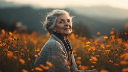 Elderly woman sitting peacefully in a field of yellow flowers at sunset, symbolizing serenity, gratitude, and harmony with nature