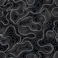 Abstract wavy contour line pattern, black background with flowing orange and white lines, modern minimal topographic texture