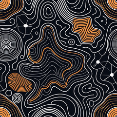 Abstract wavy contour line pattern, black background with flowing orange and white lines, modern minimal topographic texture