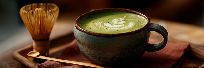 A beautifully crafted matcha latte showcases intricate foam art in a rustic cup, inviting coffee lovers to indulge in a trendy and healthy beverage experience at a cozy cafe setting.