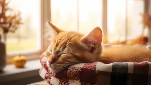 Ginger kitten sleeps sweetly in a basket during autumn. Cozy fall scene, Thanksgiving, harvest, pets, domestic animals, relaxation, comfort, and seasonal lifestyle content.