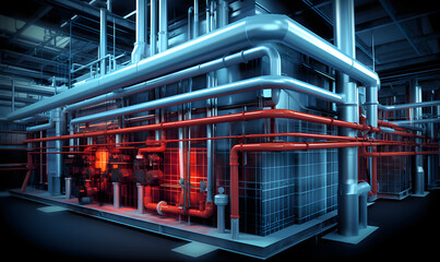 Industrial power plant interior with complex network of pipes and machinery