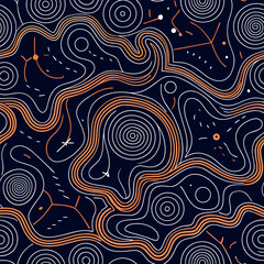 Abstract wavy contour line pattern, black background with flowing orange and white lines, modern minimal topographic texture