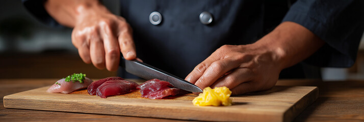 An experienced chef in action, skillfully slicing various fresh meats in a well-equipped kitchen, demonstrating the art of culinary precision and professional cooking techniques.