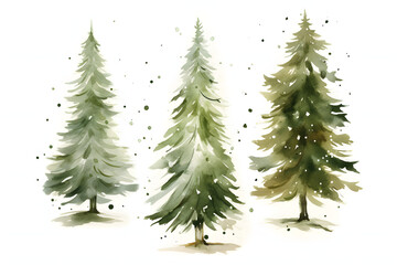 Three watercolor evergreen trees with a hint of falling snow
