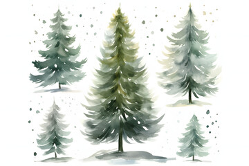Whimsical watercolor pine trees with falling snowflakes illustration