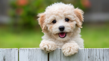 Adorable fluffy puppy peeking over a white wooden fence