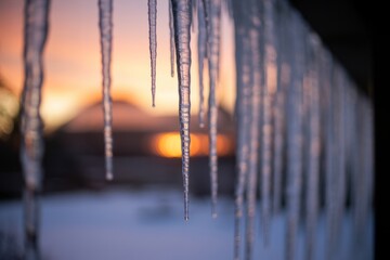 Close up of icicles hanging with a blurred sunset background creating a winter scene outdoors