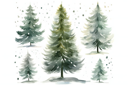 Whimsical watercolor pine trees with falling snowflakes illustration