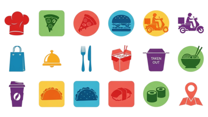 Food delivery icons different styles colors against transparent background