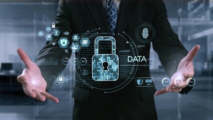 A businessman stands confidently in a modern office, showcasing a digital security concept with a lock and data visuals, symbolizing innovation and protection. Qubit - Powered by Adobe