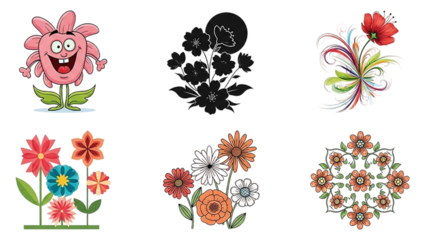 Collection of flowers in various artistic styles against transparent background
