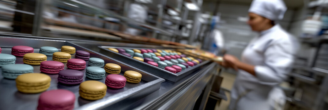 A skilled baker carefully prepares a vibrant selection of macarons in a well-equipped kitchen, showcasing the artistry and precision involved in creating these exquisite pastries.