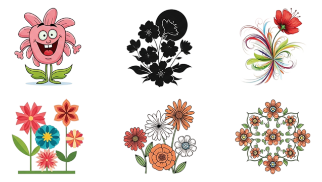 Collection of flowers in various artistic styles against transparent background
