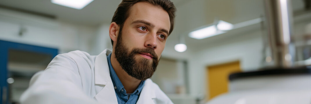 A focused scientist in a lab coat calmly analyzes a scientific experiment, highlighting the dedication and meticulousness necessary for groundbreaking research and discovery. - Powered by Adobe