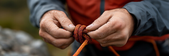 This image features a close-up of hands expertly tying a knot using vibrant climbing rope, symbolizing skill, focus, and the importance of preparation in outdoor activities.