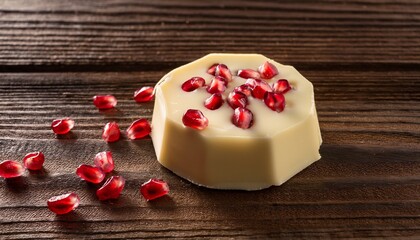 artisan white chocolate with pomegranate seeds on rustic wooden surface