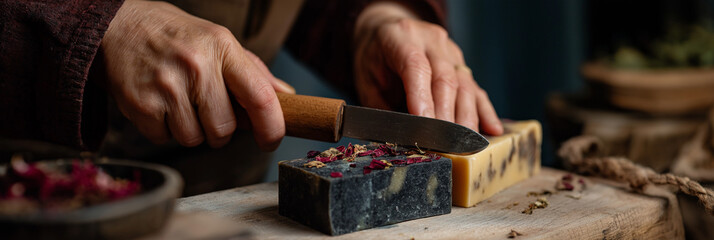 An artisan skillfully cuts aromatic soap bars with care and precision, showcasing the beauty of handcrafted products in a cozy, creative workspace filled with natural ingredients.