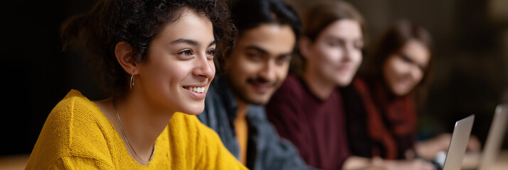 A diverse group of students actively engaged in learning, showcasing collaboration and camaraderie in an educational environment characterized by creativity and teamwork.