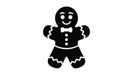 A cheerful black and white silhouette of a classic gingerbread man cookie with a bow tie and button details perfect for holiday baking and festive designs silhouette