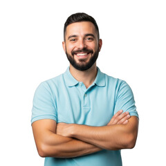 Fototapeta premium A smiling man with a beard wearing a light blue polo shirt with arms crossed isolated on transparent background