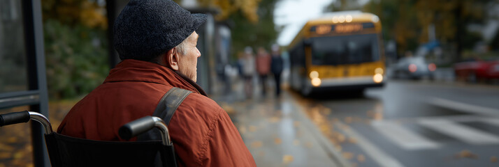 An elderly man with a thoughtful expression waits at a bus stop in a vibrant city, capturing the essence of urban life and the experiences of aging in a modern context.