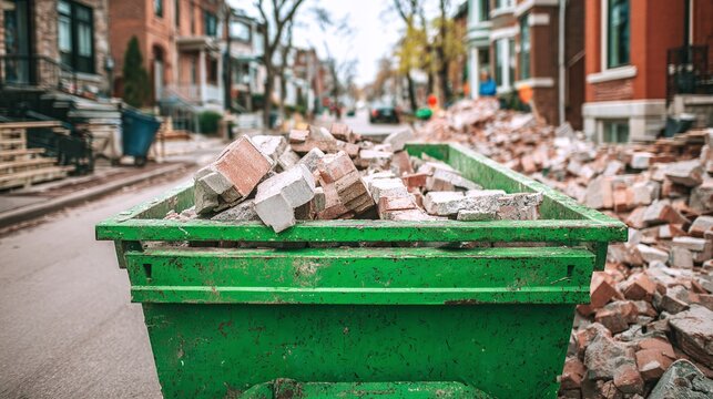 Urban renovation scene: A green dumpster overflows with red and gray bricks and rubble on a quiet street lined with old buildings undergoing repairs and clean up.