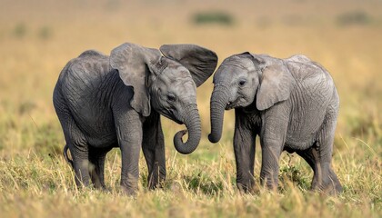 Two Young Elephants Playfully Interact in the African Savannah.