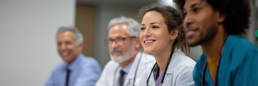 A diverse group of medical professionals gathered around a table, showcasing teamwork and collaboration in a bright, professional setting, emphasizing healthcare's importance. - Powered by Adobe