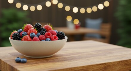 Bowl of Colorful Fresh Berries on a Wooden Table Outdoors