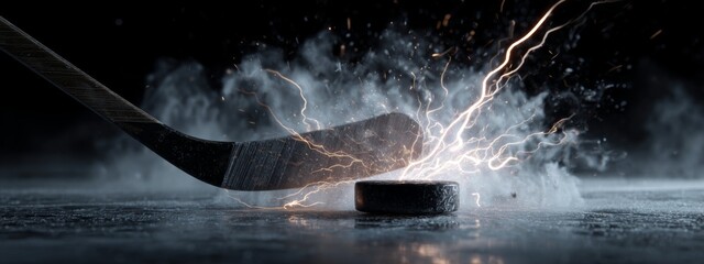 Fototapeta premium Dynamic Ice Hockey Moment: Stick Striking Puck Creating Burst of Icy Mist and Light in Action