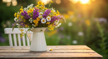 Colorful Summer Wildflower Bouquet in Cream Pitcher on Rustic Table