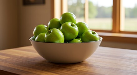 Fresh Green Apples in a Ceramic Bowl on a Wooden Table Near a Window