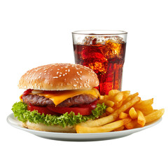 Burger meal with soda and fries on a plate isolated on a transparent background