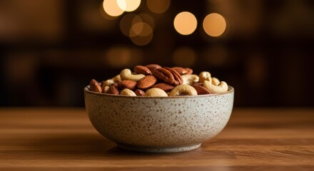 Mixed Nuts in Ceramic Bowl on Wooden Table with Warm Bokeh Lights