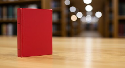 Bright Red Book Standing on a Wooden Library Table with Blurred Background