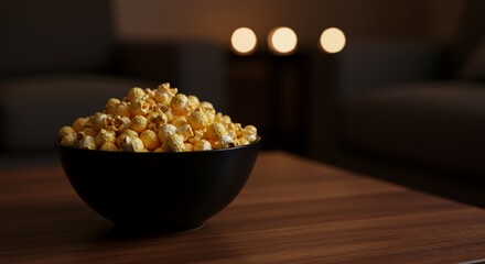 Golden Popcorn in Black Bowl on Wooden Table in Dim Room