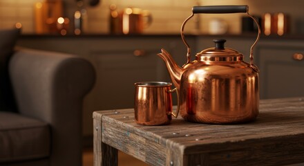 Warm Copper Kettle and Mug on a Wooden Table in a Cozy Room