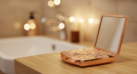 Elegant Gold Compact Mirror Open on Wooden Countertop in Bathroom