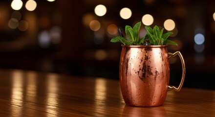 Refreshing Moscow Mule Cocktail in Copper Mug on Bar with Bokeh Lights