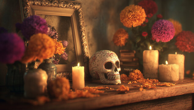 Day of the dead altar with skull, candles, and marigold flowers display
