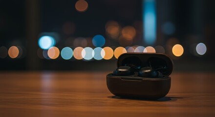 Modern Black Wireless Earbuds in Charging Case on Wooden Table