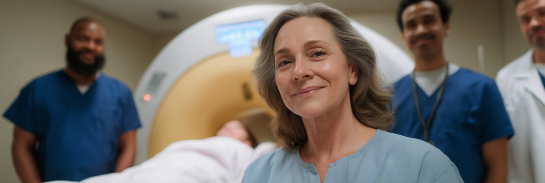 A compassionate medical team gathered in a diagnostic room with a patient, showcasing empathy, professionalism, and teamwork in healthcare, depicting modern medical practices and technology.