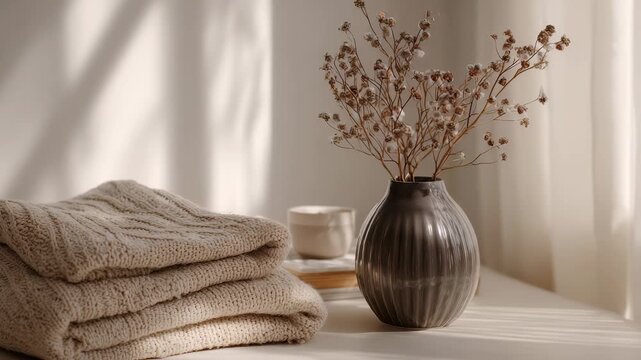 A stack of beige knitted sweaters sits beside a ribbed ceramic vase filled with dried wildflowers, bathed in gentle sunlight. The serene scene evokes comfort and modern minimalism