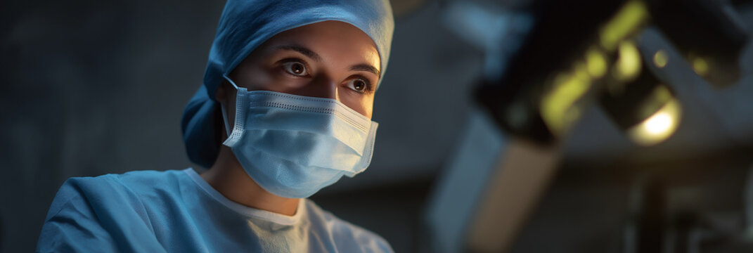 A surgeon, wearing a mask and surgical attire, intently focuses on a procedure, highlighting the seriousness and dedication involved in the medical field and patient care.