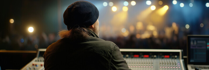 A sound engineer controls audio equipment during a concert, immersed in the atmosphere created by music, emphasizing the technical and creative aspects of live performances.