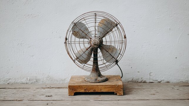 Rustic elegance captured in a vintage fan against a textured white wall, set on weathered wood, evoking a sense of nostalgia and timeless charm. A classic piece, still.