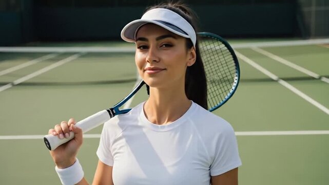 Confident woman in white tennis outfit poses with racket on court, looking determined