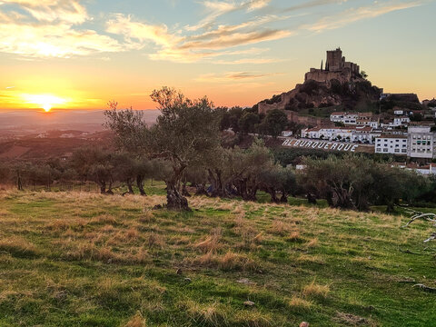 Sunset at the Extremaduran castle of Alburquerque. Golden hour at Luna Castle.